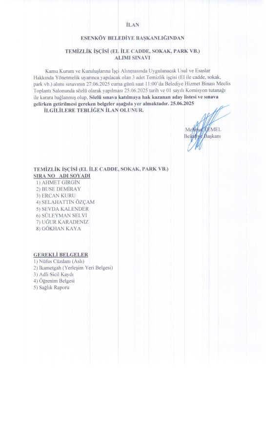 TEMİZLİK İŞÇİSİ(EL İLE, CADDE, SOKAK, PARK VB.) ALIMI SINAVI