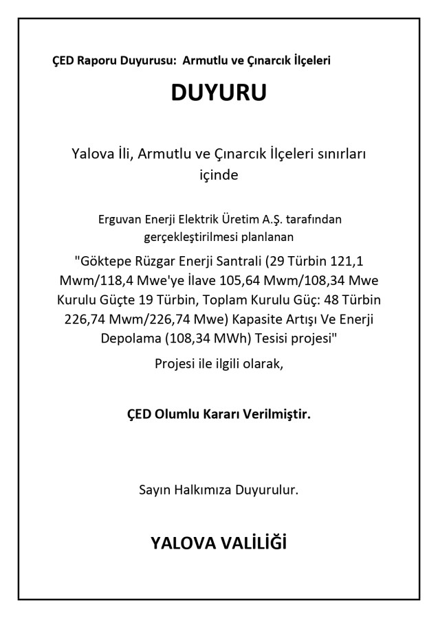 Göktepe Rüzgar Enerji Santrali Kapasite Artışı ve Enerji Depolama Tesisi Projesinin ÇED Olumlu Kararı İlanı